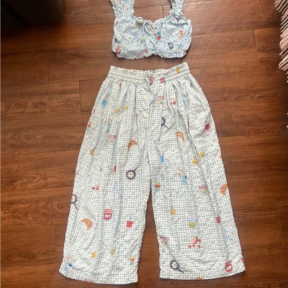 Anthropologie Blue Gingham Wide-Leg Lounge Pants & Top - Picture 2 of 6